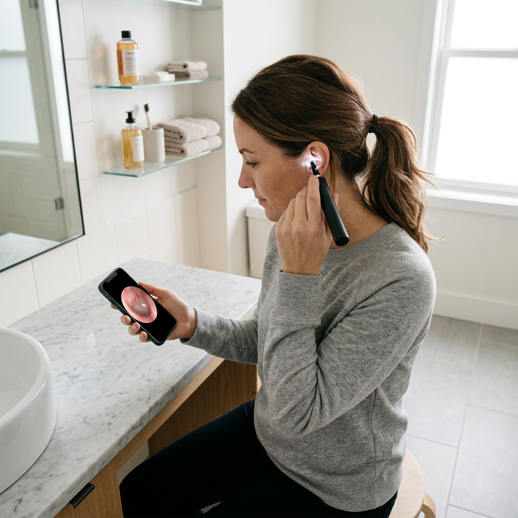 Adulte utilisant l'otoscope vidéo WiFi EARSCOPE avec son smartphone
