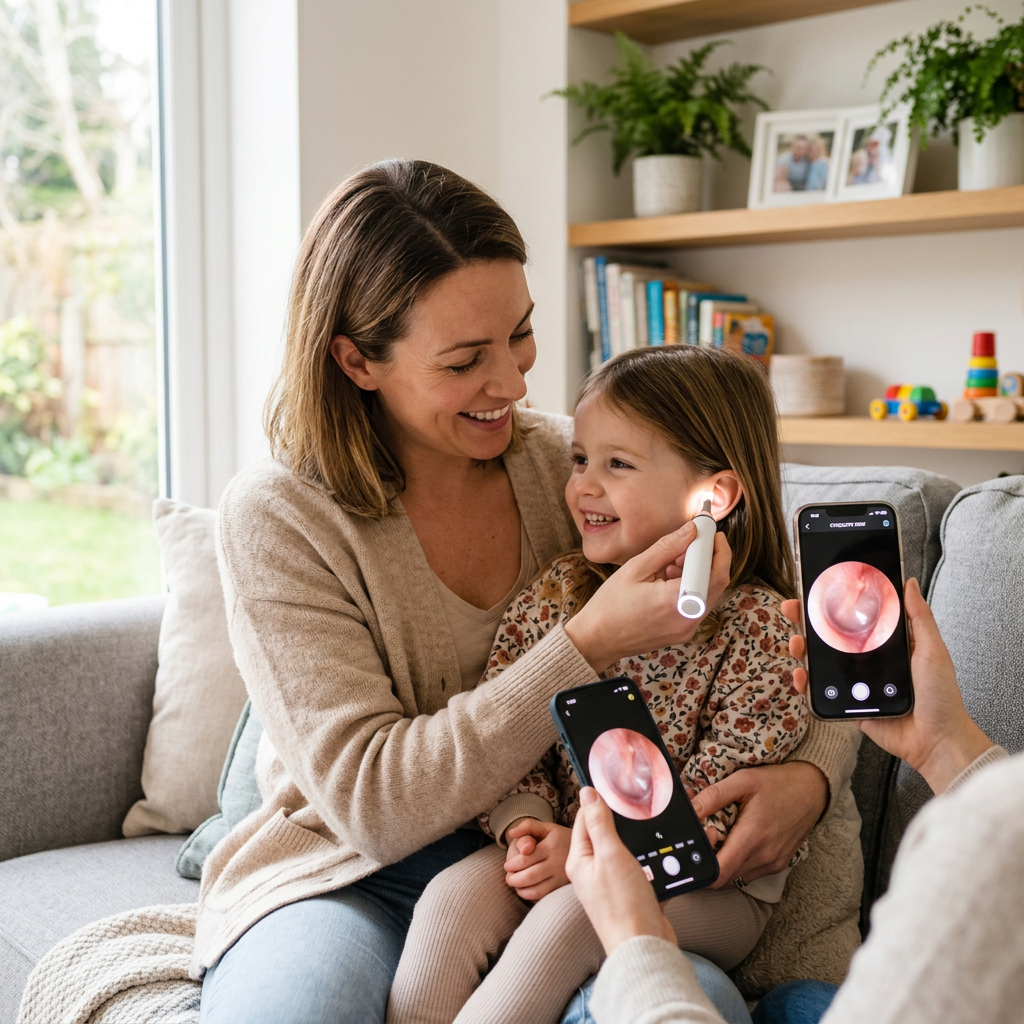 Parent utilisant l'otoscope vidéo WiFi EARSCOPE sur son enfant
